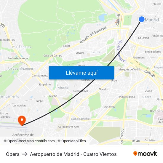 Ópera to Aeropuerto de Madrid - Cuatro Vientos map