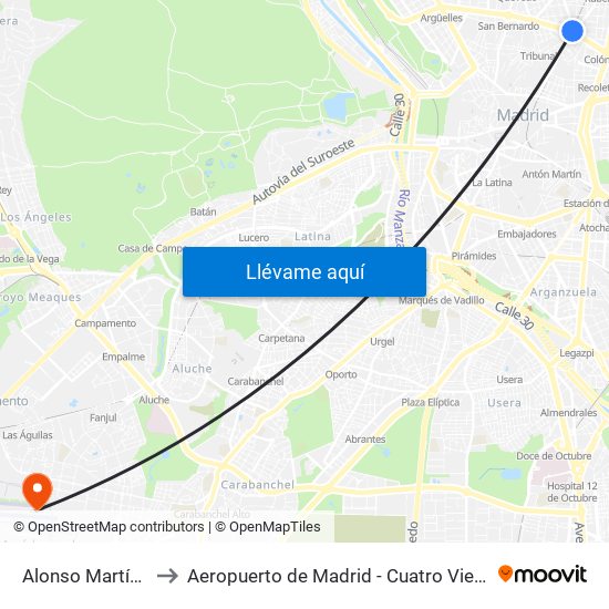 Alonso Martínez to Aeropuerto de Madrid - Cuatro Vientos map