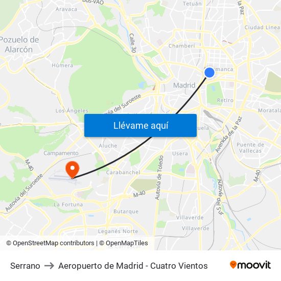 Serrano to Aeropuerto de Madrid - Cuatro Vientos map
