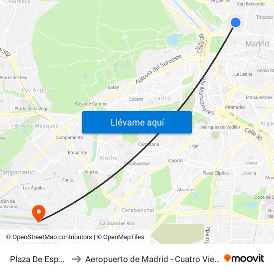 Plaza De España to Aeropuerto de Madrid - Cuatro Vientos map