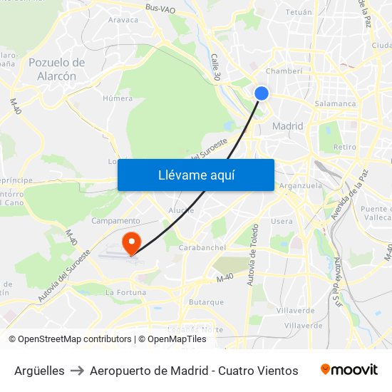 Argüelles to Aeropuerto de Madrid - Cuatro Vientos map