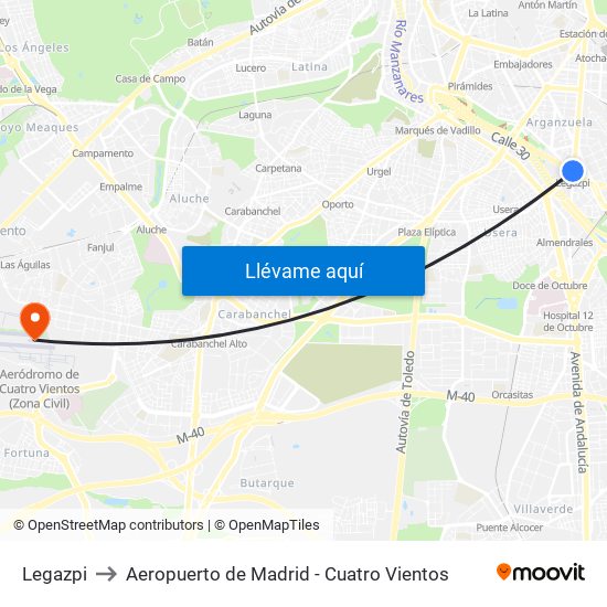 Legazpi to Aeropuerto de Madrid - Cuatro Vientos map