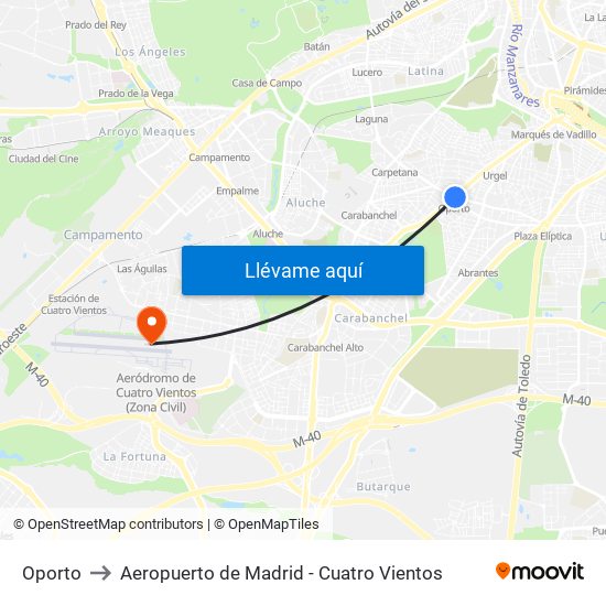 Oporto to Aeropuerto de Madrid - Cuatro Vientos map