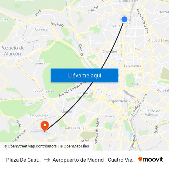 Plaza De Castilla to Aeropuerto de Madrid - Cuatro Vientos map