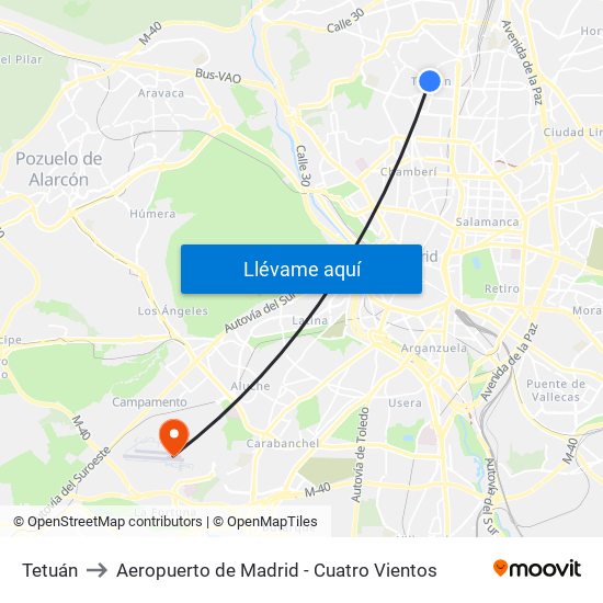 Tetuán to Aeropuerto de Madrid - Cuatro Vientos map