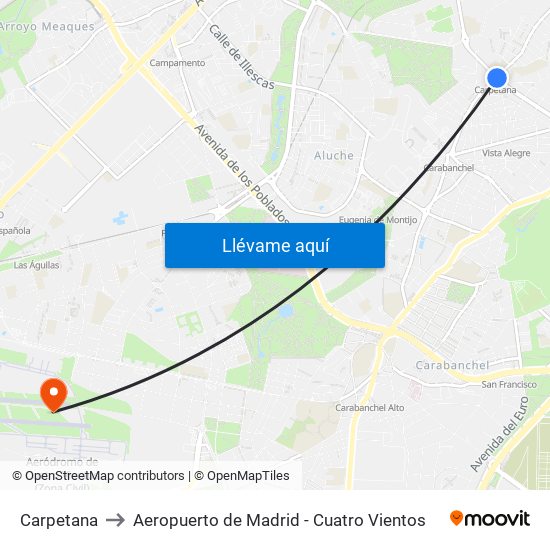 Carpetana to Aeropuerto de Madrid - Cuatro Vientos map