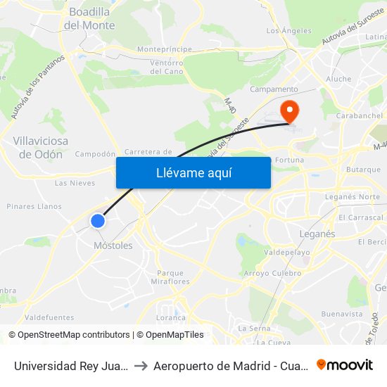 Universidad Rey Juan Carlos to Aeropuerto de Madrid - Cuatro Vientos map