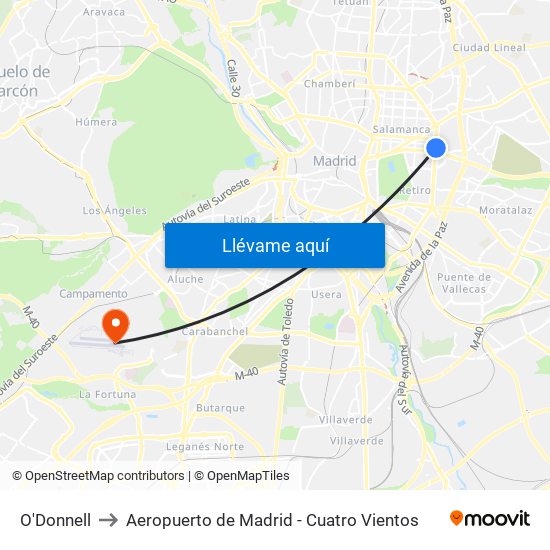 O'Donnell to Aeropuerto de Madrid - Cuatro Vientos map