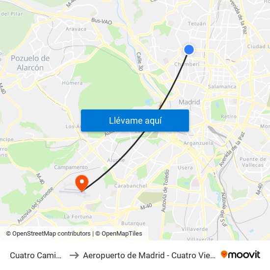 Cuatro Caminos to Aeropuerto de Madrid - Cuatro Vientos map