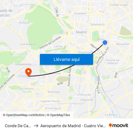 Conde De Casal to Aeropuerto de Madrid - Cuatro Vientos map