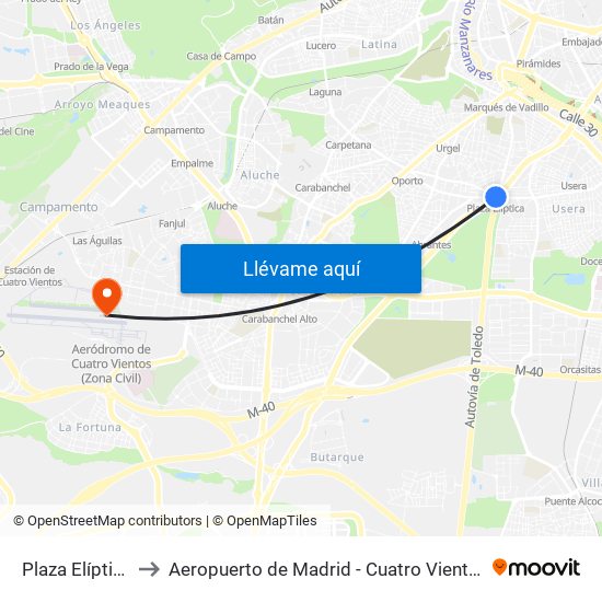 Plaza Elíptica to Aeropuerto de Madrid - Cuatro Vientos map