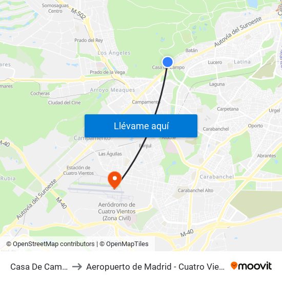 Casa De Campo to Aeropuerto de Madrid - Cuatro Vientos map