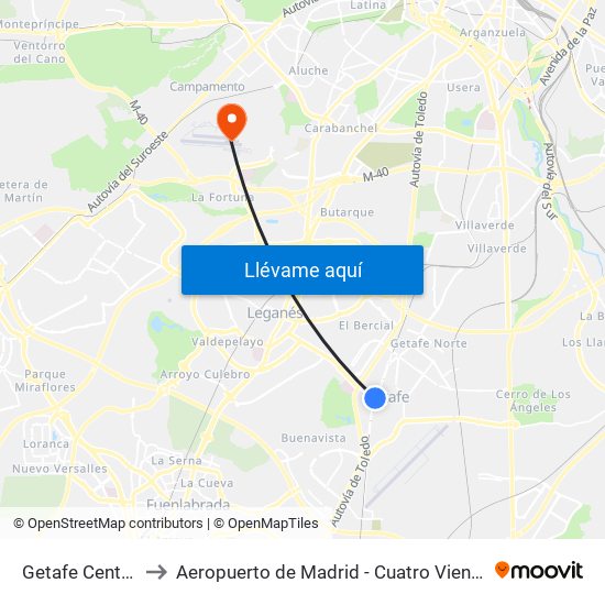 Getafe Central to Aeropuerto de Madrid - Cuatro Vientos map