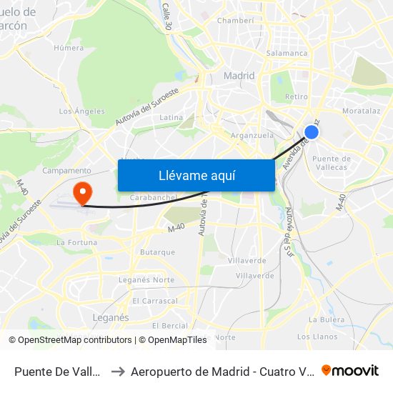 Puente De Vallecas to Aeropuerto de Madrid - Cuatro Vientos map