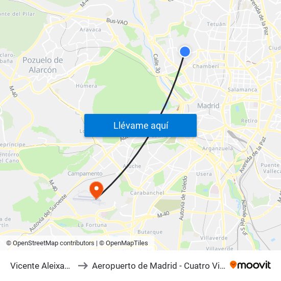 Vicente Aleixandre to Aeropuerto de Madrid - Cuatro Vientos map