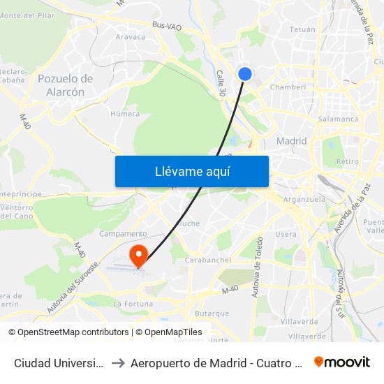 Ciudad Universitaria to Aeropuerto de Madrid - Cuatro Vientos map