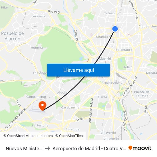 Nuevos Ministerios to Aeropuerto de Madrid - Cuatro Vientos map