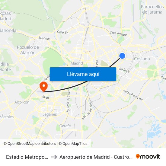 Estadio Metropolitano to Aeropuerto de Madrid - Cuatro Vientos map