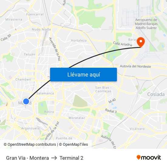 Gran Vía - Montera to Terminal 2 map