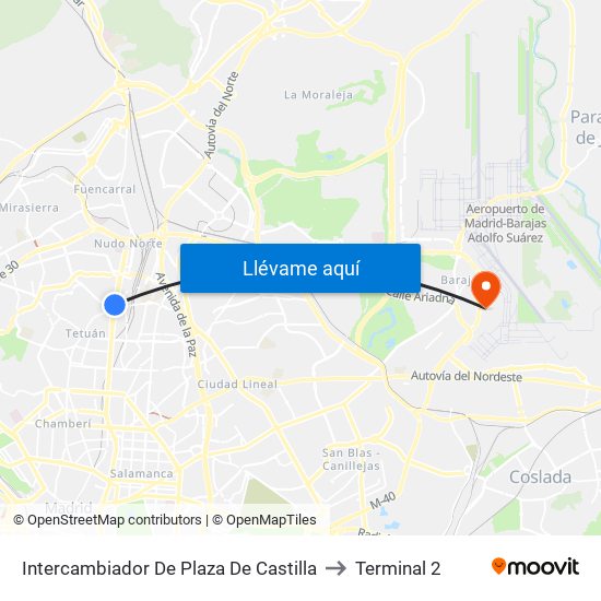 Intercambiador De Plaza De Castilla to Terminal 2 map