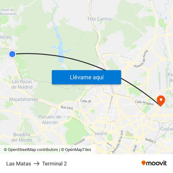 Las Matas to Terminal 2 map
