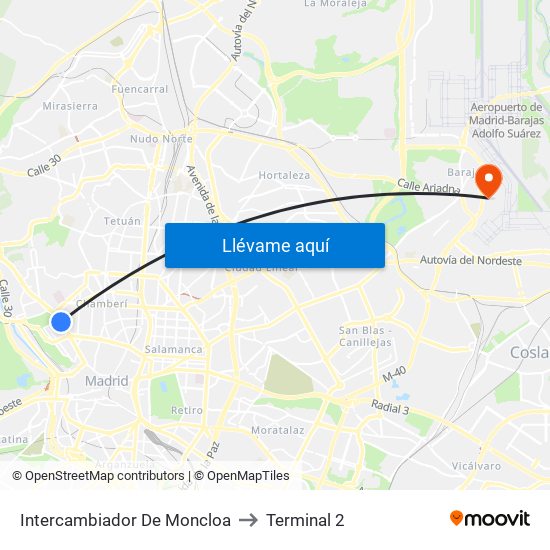 Intercambiador De Moncloa to Terminal 2 map
