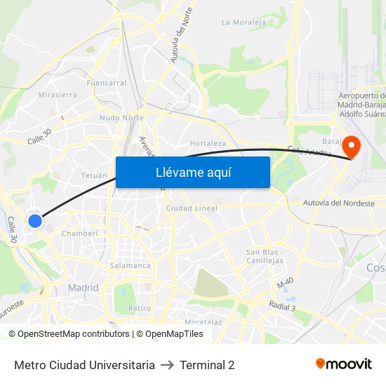 Metro Ciudad Universitaria to Terminal 2 map