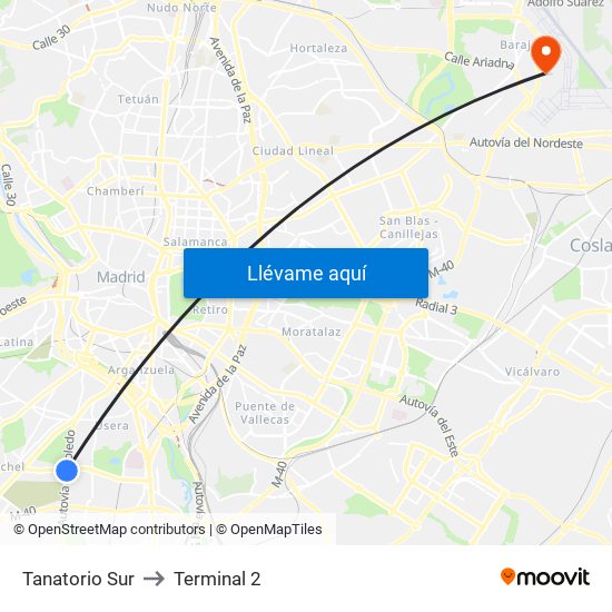 Tanatorio Sur to Terminal 2 map