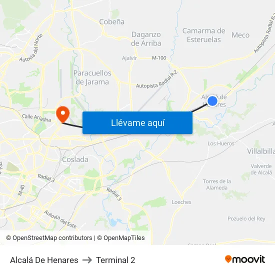 Alcalá De Henares to Terminal 2 map