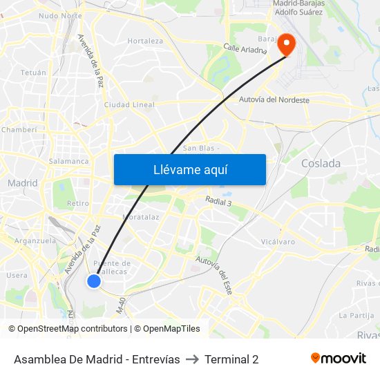 Asamblea De Madrid - Entrevías to Terminal 2 map