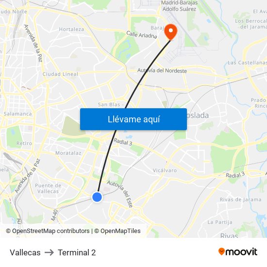 Vallecas to Terminal 2 map