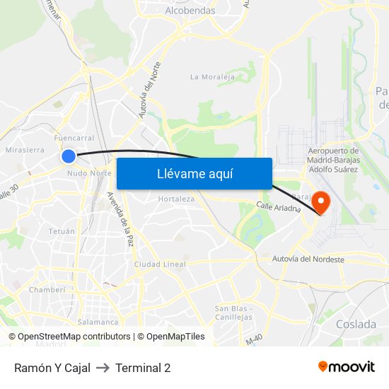 Ramón Y Cajal to Terminal 2 map