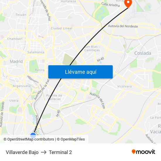 Villaverde Bajo to Terminal 2 map