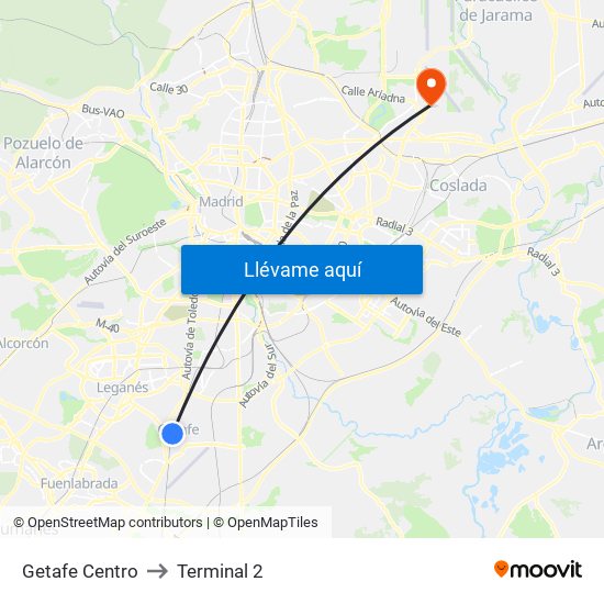 Getafe Centro to Terminal 2 map