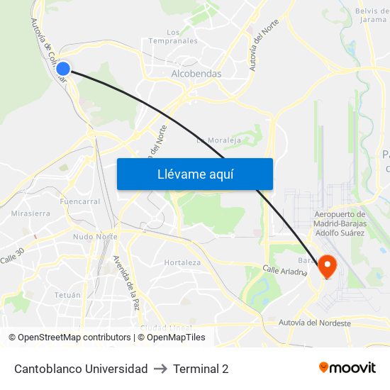 Cantoblanco Universidad to Terminal 2 map