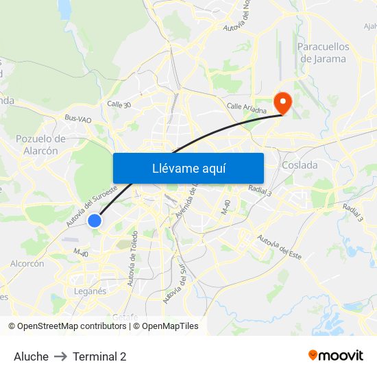 Aluche to Terminal 2 map