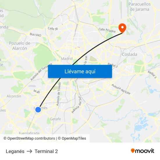 Leganés to Terminal 2 map