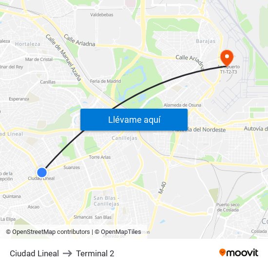 Ciudad Lineal to Terminal 2 map