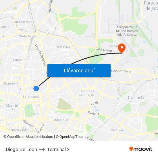 Diego De León to Terminal 2 map