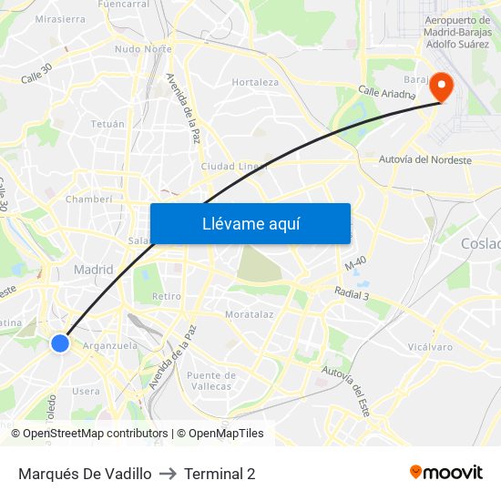 Marqués De Vadillo to Terminal 2 map