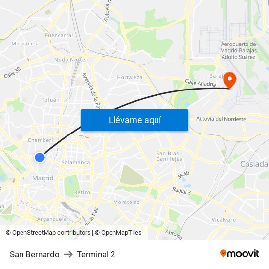 San Bernardo to Terminal 2 map
