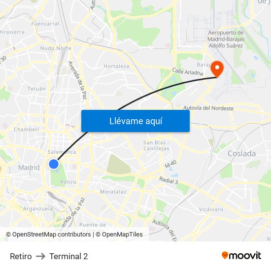 Retiro to Terminal 2 map