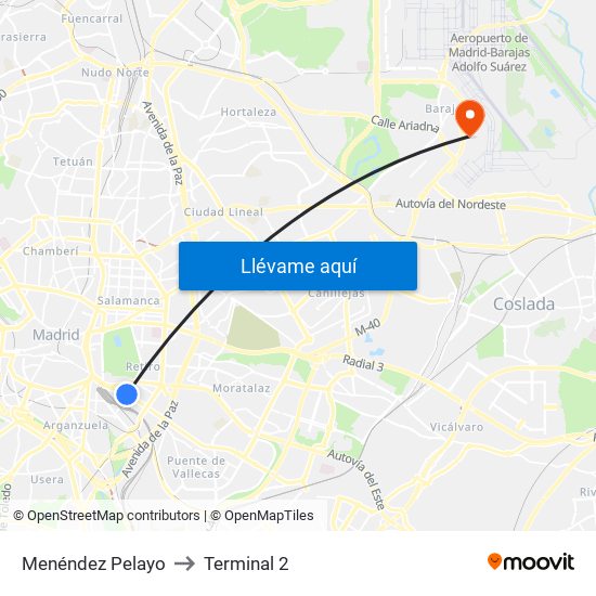 Menéndez Pelayo to Terminal 2 map
