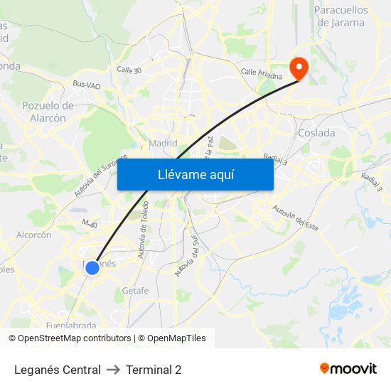 Leganés Central to Terminal 2 map