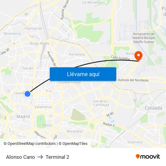 Alonso Cano to Terminal 2 map