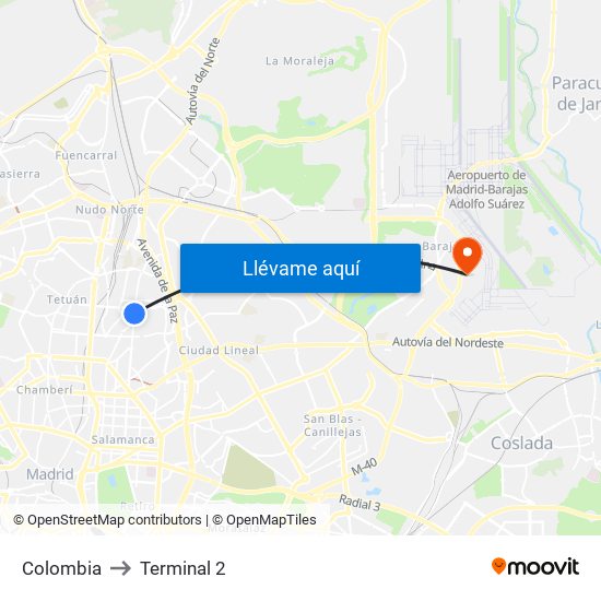 Colombia to Terminal 2 map
