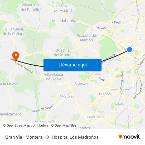 Gran Vía - Montera to Hospital Los Madroños map