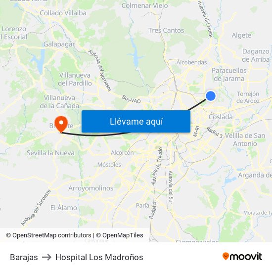 Barajas to Hospital Los Madroños map