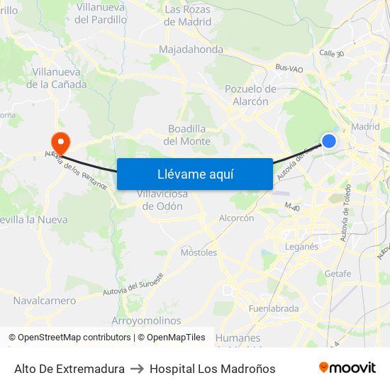 Alto De Extremadura to Hospital Los Madroños map