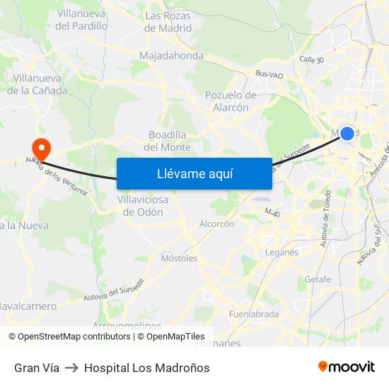 Gran Vía to Hospital Los Madroños map